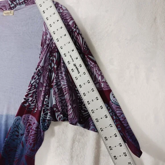One World, Large, Butterfly Print Wrap, Ruched Sleeves, Blue/Purple/Maroon, Boho - Picture 14 of 16